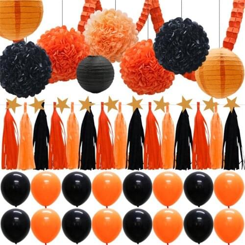 55pcs/lots Halloween Events Paper Party Decorations Supplies Kit Paper Lanterns Tassels Tissue Pom Poms Clover Garland Balloons
