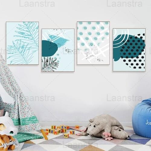 Abstract Living Room Decorative Painting Plant Leaves Home Canvas Poster Wave Dot Bedroom Wall Art Turquoise Prints and Pictures