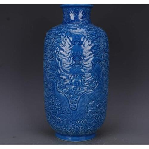 Antique Blue Glaze Embossed Dragon Home Decoration Porcelain Flower Vase Collection Vase