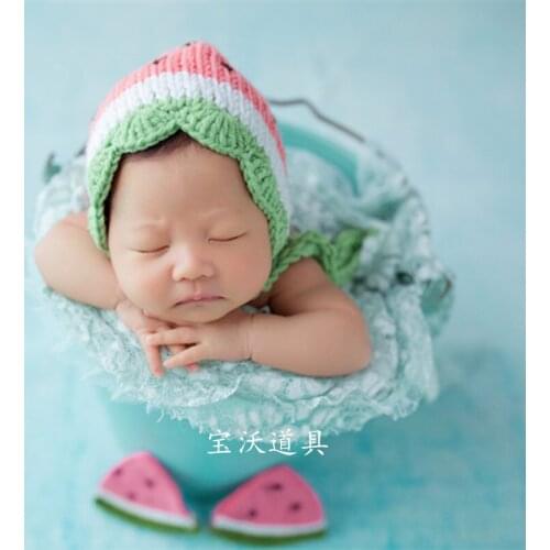 Newborn Watermelon Hat With Matching Toy Set Photography Props Knitted cotton Hat Baby Stuffer Watermelon Doll Photo Props