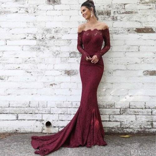Elegant Burgundy Evening Dresses Long Sleeve Off the Shoulder Lace Formal Dress 2020 Mermaid Prom Gown Robe Soiree Dubai