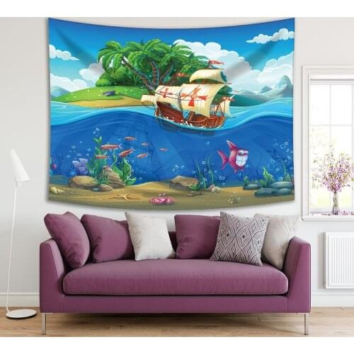 Tapestry Island Sailing Ship and Undersea World Fish Starfish Palm Trees Coulds Blue Green White