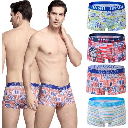 JINSHI Mens Boxer Briefs Short Print Flex Waistband Bamboo Breathable Mens Underwear Sexy Panties Asia Size M-3XL