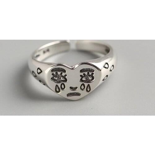2021 Vintage Ancient Silver Color Happy Smiling Face Open Rings for Women Punk Hip Hop Adjustable Ring Fashion Jewelry Best Gift