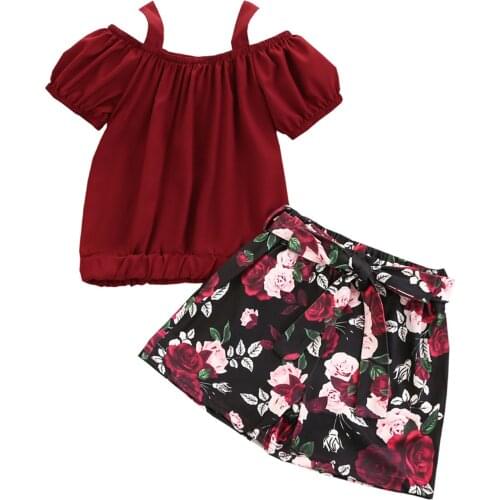 Girl’s Short-sleeved and Shorts Set Fresh Solid Color Boat Neck T-shirt and Bandage Flower Short Pants