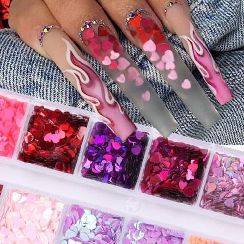 Laser Love Heart Nail Art Sequins 3D DIY Butterfly Mixed Sparkle Lips Shape Nail Glitter Flakes Nails Decorations 12 Grids/box