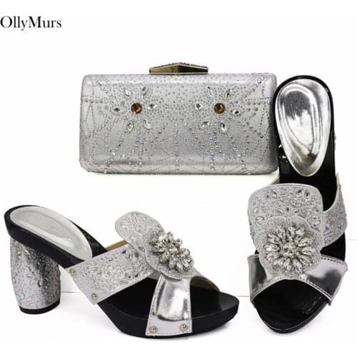 Hot Selling Fashion Silver Color Pretty Shoes And Bags Set Italy Style Rhinestones High Heels Shoes And Bag For Wedding Dress