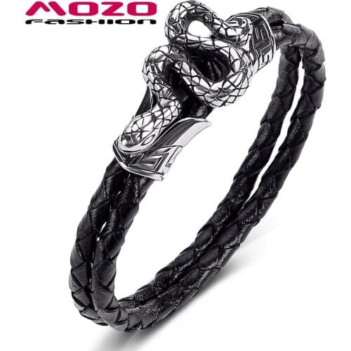 2020 New Men Jewelry Black Genuine Leather Bracelet Stainless Steel Punk Snake Charm Simple Women Bangles