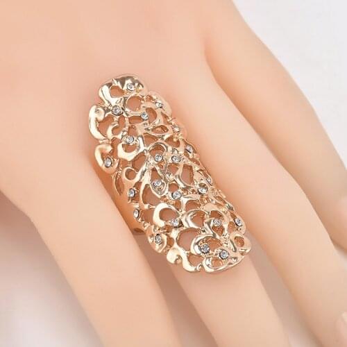 Hollow Carved Ring With Rhinestones Hot Sale Women European And American Stylish Long Ring Ancient Vintage Alloy Ring