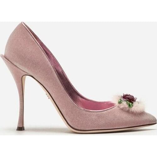 Carpaton 2019 Autumn Trendy New pink pointed high heels womens velvet cloth rose otter hair ball decoration fine heel shoes