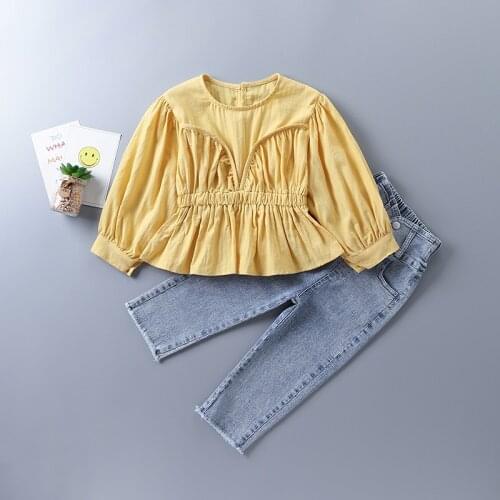 2-7 years high quality girl clothing set 2020 new autumn casual tiered ruched solid shirt + denim pant kid children clothing