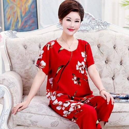 Middle-aged mother pajamas short sleeve cropped pant two piece set vintage print loose sleepwear pijamas women new pyjama suit