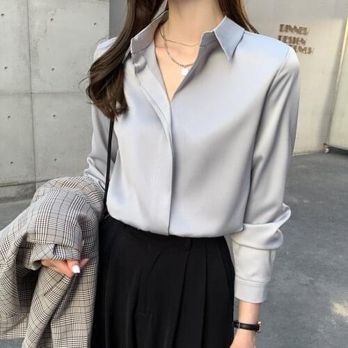 Menahem 2021 Summer Button Up Satin Silk Shirt Vintage Blouse Women Work Wear V-Neck Long Sleeve Tops Female Straight OL Shirts