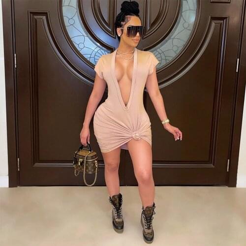 Sexy Short Sleeve Deep V Neck Cleavage Mini Dress Women Casual Draped Bandage Bodycon T-shirt Dress Summer Clubwear Party Dress