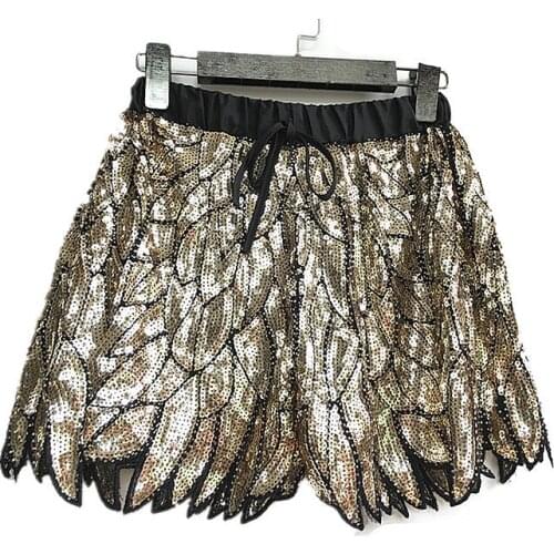 Bead work chiffon shorts women bling bling gold short pants woman silver gold sequined shorts