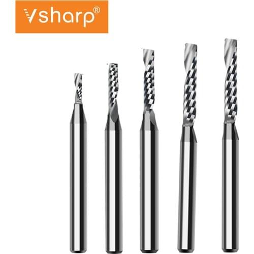 Vsharp CNC 1 Flute Spiral End Mill 3.175mm Shank Tungsten Carbide Milling Cutter For Acrylic PVC Engraving Cutting CNC Bit