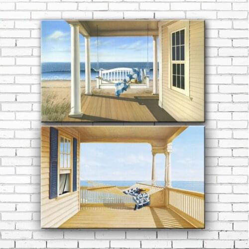 Mediterranean sea villa swing chair beach scenery canvas printings oil painting printed on canvas wall art decoration picture