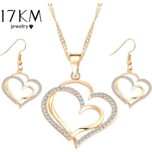 17KM Romantic Heart Pattern Crystal Earrings Necklace Set Silver Color Chain Jewelry Sets Wedding Jewelry Valentines Gift