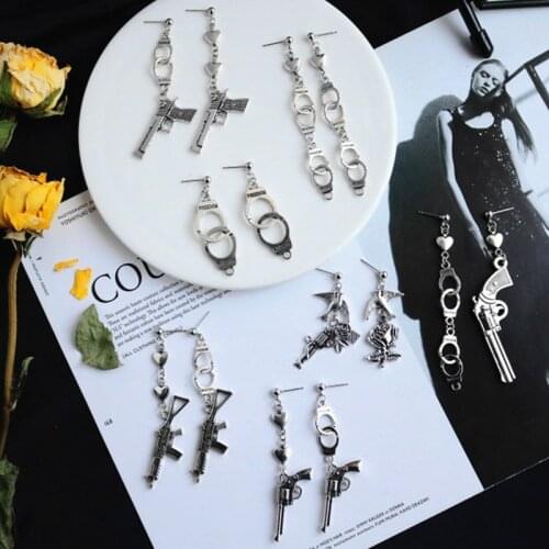 Vintage Silver Old Punk Drop Earrings Asymmetry Dark Cool Girl Gun Shaped Retro Pistol Rose Dangle Women Jewelry Accessories