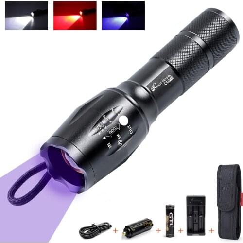 Waterproof Ultraviolet LED Flashlight 3-1 LED UV Blacklight Kit Zoomable Torch Camping Bicycle Light with Rechargeable Battery
