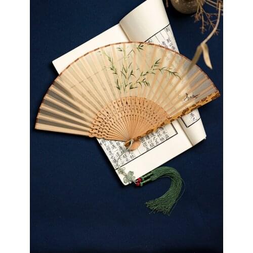 Embroidery Archaic Folding Fan Fan Female Custom Jade Bamboo Bamboo Fan Sub Tassel Han Chinese Clothing Retro Silk Suzhou
