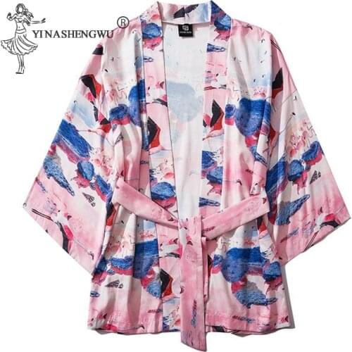 Japanese Kimono Flying Crane Kimono Yukata Men and Women Couple Cloak Coat Clothing Fashion Personality Japanese Casual Pink