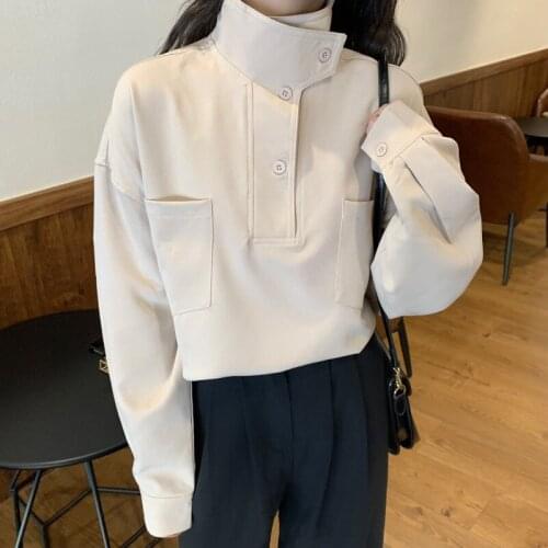 Early autumn Korean chic niche design stand collar oblique buckle loose solid color casual long-sleeved shirt top women