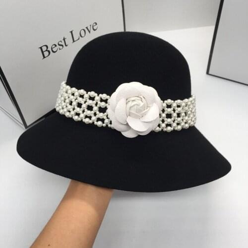 In the spring and autumn winter fashion wool British elegant bucket hat for women with pearl and flower POTS hat fisherman
