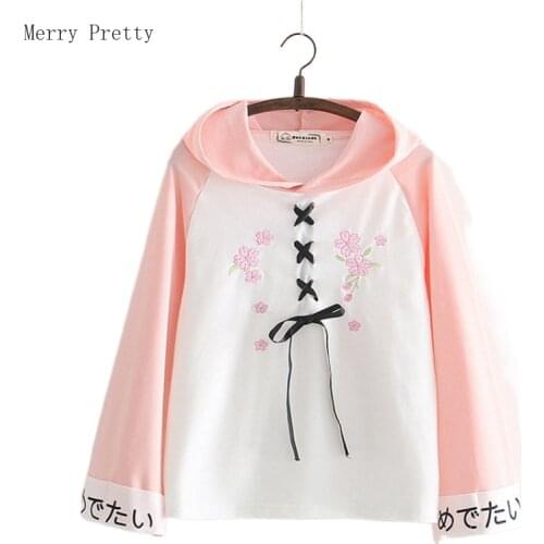 Floral Embroidery Women Hooded Sweatshirts Long Sleeve Lace Up Cotton Hoodies Casual Tops 2021 Summer Japan Style Clothes