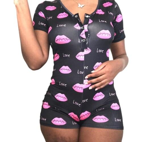 Floral Print V Neck Playsuit Women Short Sleeve Jumpsuit Female Nightwear Bodysuit Casual Sleepwear Pajamas