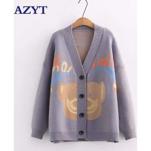 AZYT 2021 Autumn Winter Thicken Knit Cardigan Female Jacket Fashion Cartoon Print Women Sweater Jacket Casual Knitwear Tops
