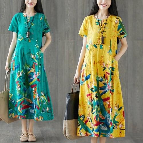 2020 National style Retro Button Printed Cotton Linen Short-sleeved Dress literary loose Large Size Women Summer Dress V716