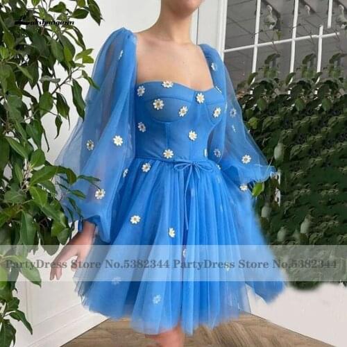 Floral Blue Women Short Party Dress Sweetheart Puffy Long Sleeves Prom Dresses 2022 Abiti da Cocktail Wedding Guest Dress