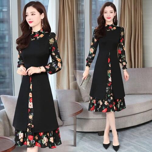 2020 Vintage Print Chiffon Long Sleeve Dresses Autumn Winter New 4XL Plus Size Black Bodycon Dress Elegant Women Party Vestidos