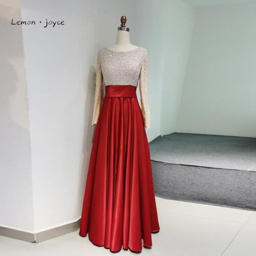 Lemon Joyce Silver Beads Red Evening Dresses 2021 Elegant O-Neck Long Sleeves A-Line Formal Evening Gowns for Woman