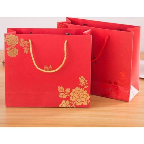 100pcs/lot Red Big Capacity Paper Gift Bag With Handle Festival Jewelry Bags Wedding Birthday Party Gift Package Wrapping SN1670