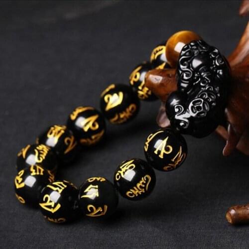 12mm High Quality Natural Gold Printing Black Obsidian Carved Buddha Lucky Amulet Round Beads Bracelet For Women Men Bracelet