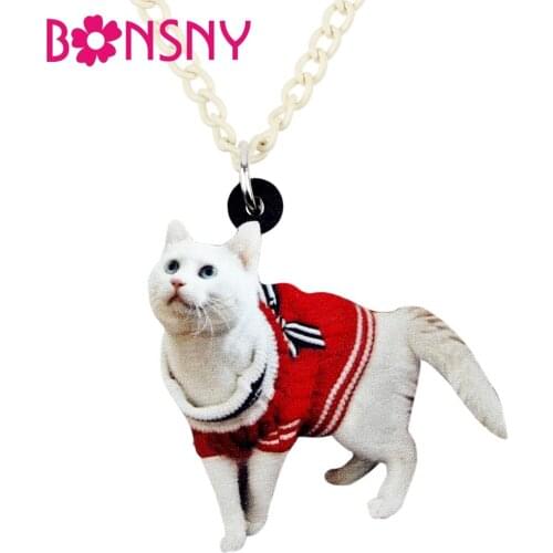 Bonsny Statement Acrylic Cute Sweater Kitten Cat Necklace Pendant Chain Collar Animal Pet Jewelry For Women Girls Teen Wholesale