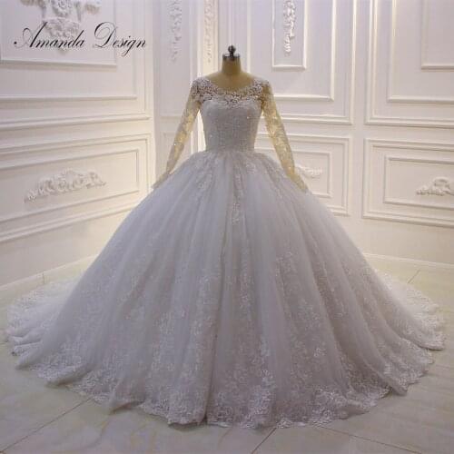 Amanda Design vestido novia playa Long Sleeve Lace Appliqued Wedding Gown for Bride
