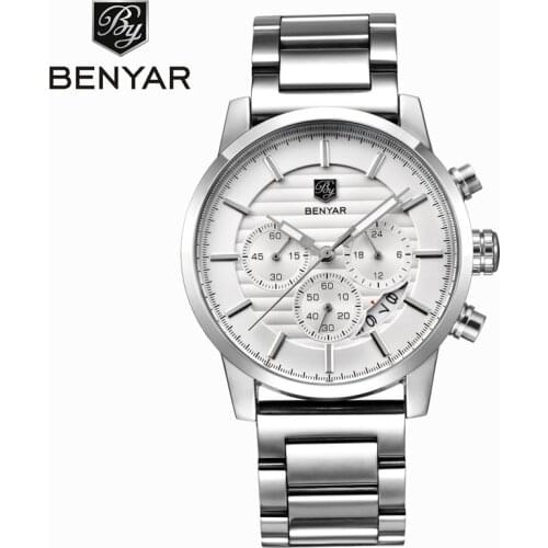 BENYAR Mens Watch Casual Fashion Brand Stainless Steel Strap Chronograph Calendar Quartz Watch Waterproof Mens Sports Watch