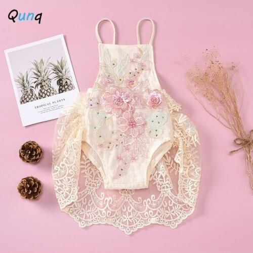 Qunq Boutique Baby Girls Lace Romper 2021 New High Quality Flower embroidery Summer Infant Clothes 1 Year Birthday Party Costume