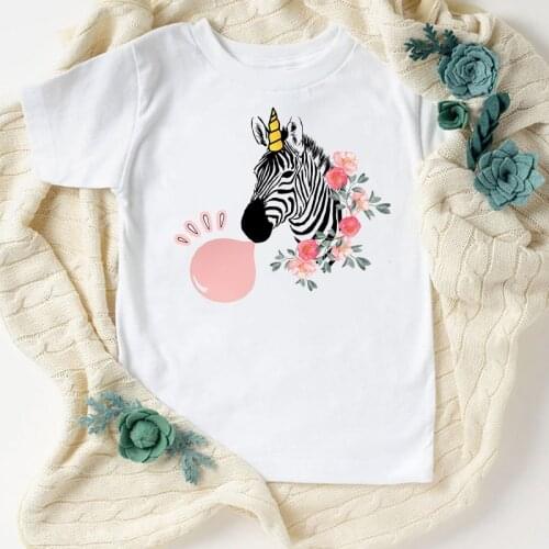 Zebra Bubble Unicorn Flowers Lovely Kawaii Annimal Print T-Shirt Kids Children Clothes Girls T Shirts Gift Harajuku T Shirt