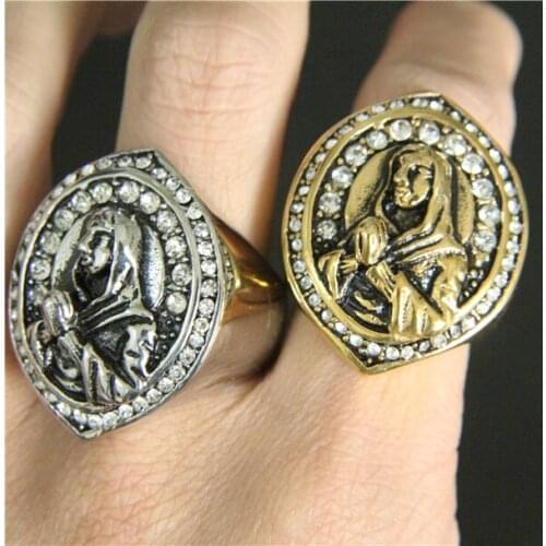 Band Party Hot Virgin Mary Crystal Ring 316L Stainless Steel Mens Ring Cool Polishing Golden Fashion Ring