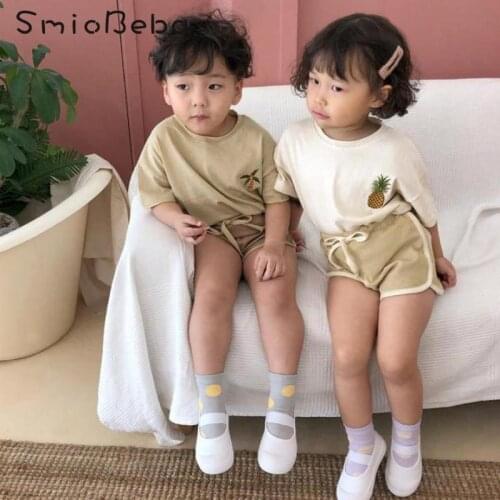 2021 Summer Korean Short Two Pieces Sets Children Pineapple Coconut Tree Embroidery Boys And Girls Sets Top Shirts+ Short Pants