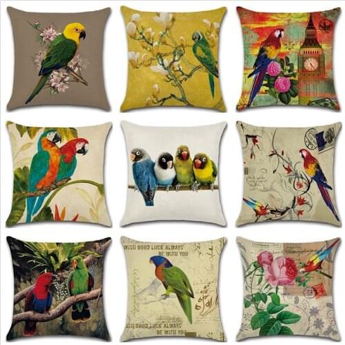 Square Cotton Linen Tropical Birds Printed Throw Pillow Case Parrot Patter Cushion Cover Cojines Decorativos Para Sofa Wholesale