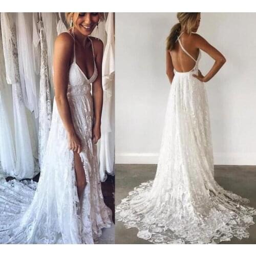 Summer Beach Boho Wedding Dresses A Line Sexy spaghetti side Split Bridal Gowns lace Bohemian wedding gown Robe de mariee