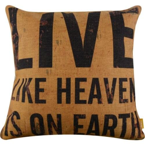 LINKWELL 18x18" Vintage Yellow Live Like Heaven is on Earth Words Letter Monogram Burlap Cushion Cover Pillowcase