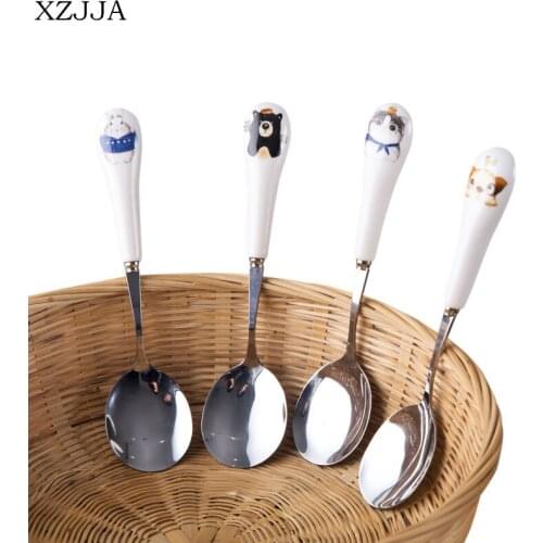 XZJJA Cartoon Animal Stainless Steel Spoon Kitchen Tableware Ceramic Handle Spoons Dessert Soup Soeplepel Kitchenware Colheres