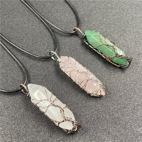 Multicolor Crystal Stone Pendant Metal Wire Winded Hexagonal Cylindrical Crystal Pendant For DIY Necklace Jewelry Making