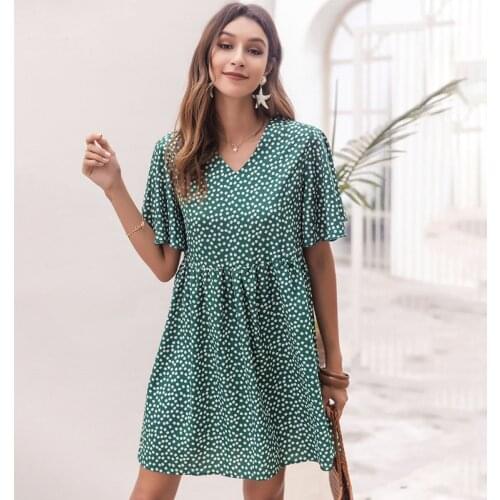 Fashion Sexy V Neck Dress 2021 Women Summer Casual Loose Short Sleeve Print Mini Beach Party Dresses For Femme